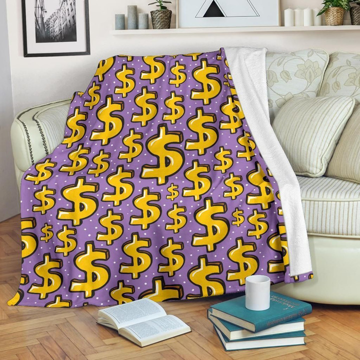 Yellow Dollar Money Pattern Printed Fleece Blanket