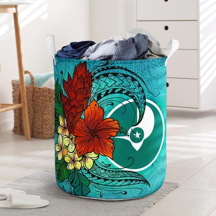 Yap State Tropical Flowers Blue Printed Laundry Basket