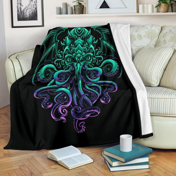 Black Graphic Demon Octopus Printed Fleece Blanket