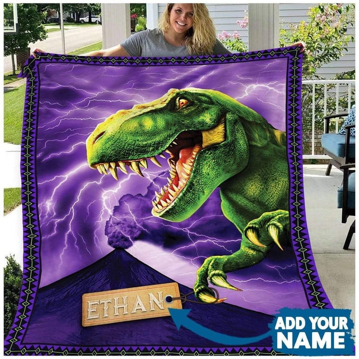 Gift For Kids Ethan Green Dinosaur 3d Printed Custom Name Fleece Blanket