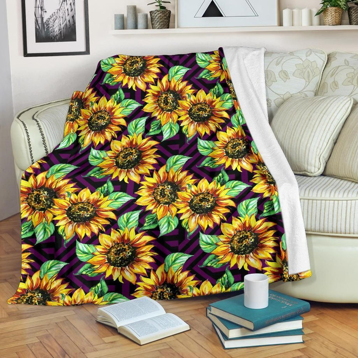 Sunflower Pattern Print Design Zig Zag Fleece Blanket