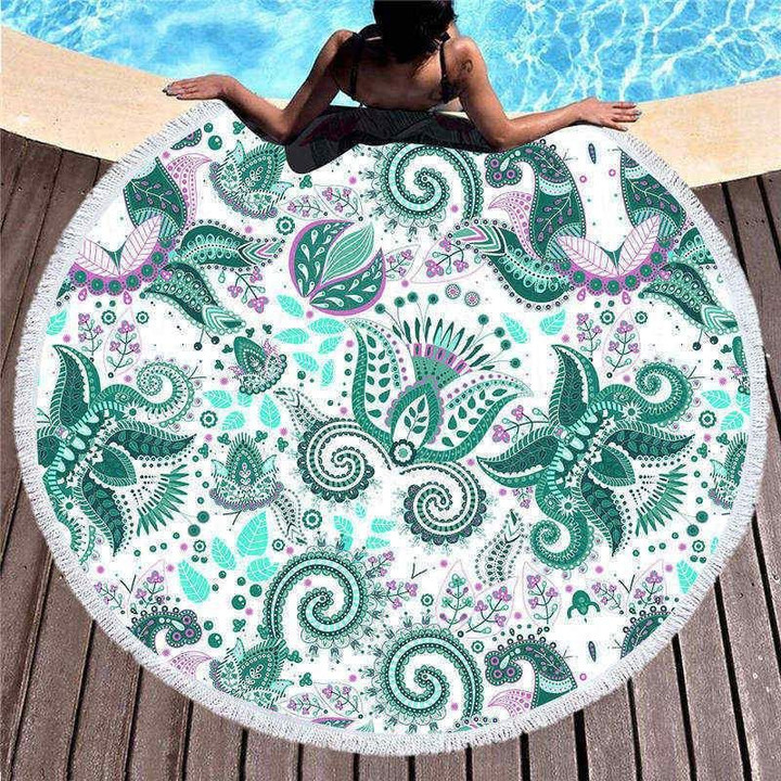 Green Paisley Mandala Style Pattern Round Beach Towel