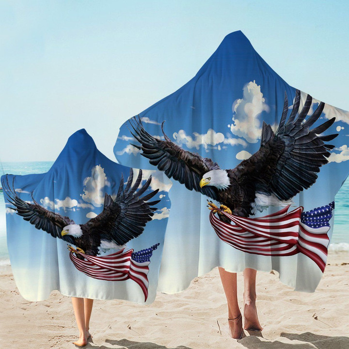 Eagle Soaring Blue Sky With American Flag Printed Hooded Towel