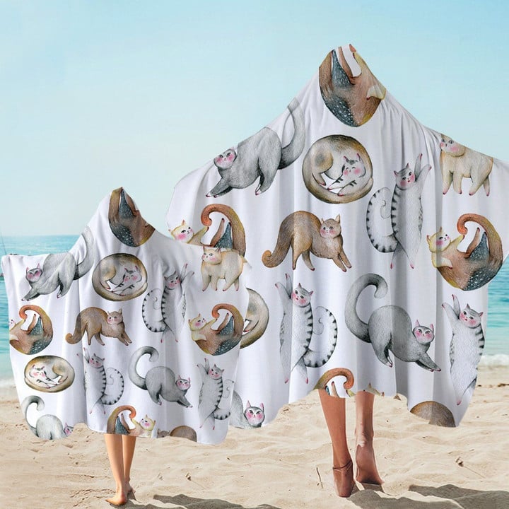 Fat Cat Patterns White Printed Hooded Towel