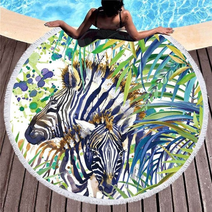 Jungle Zebra With Tropical Leaves Printed Round Beach Towel