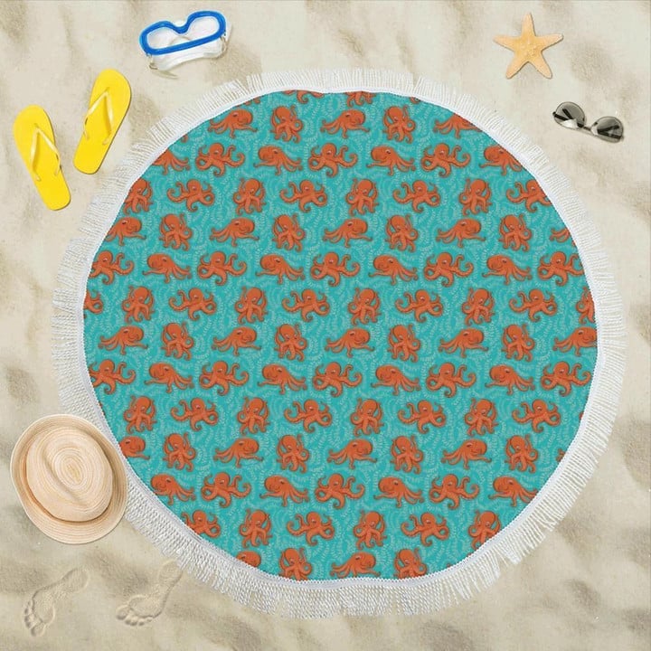 Octopus Cartoon Design Themed Printed Round Beach Towel
