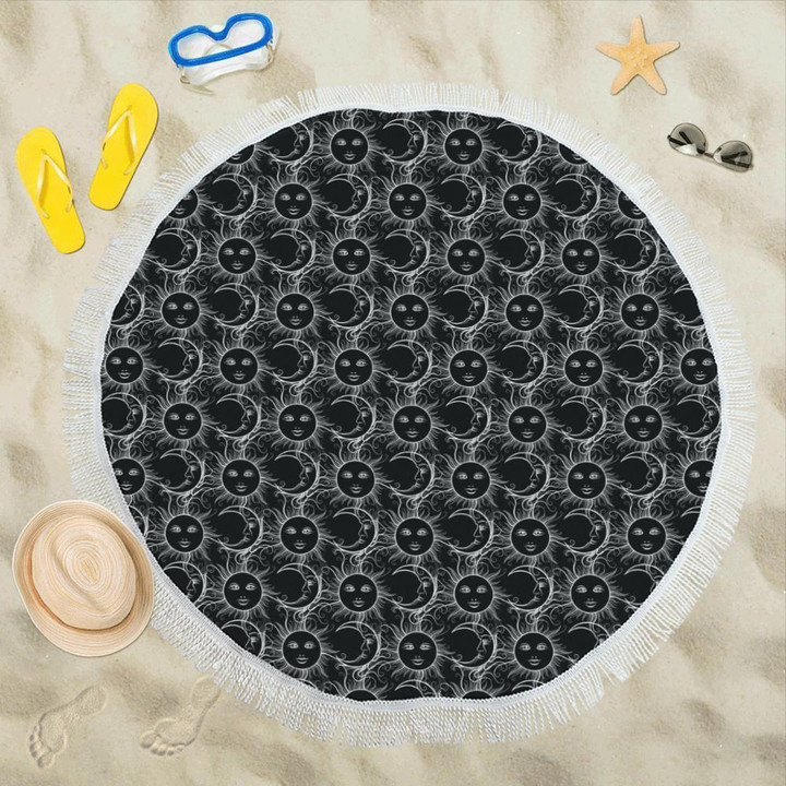 Sun Moon White Design Themed Printed Round Beach Towel