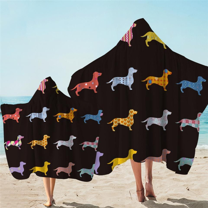 Dachshund Color Shape On Black Printed Hooded Towel