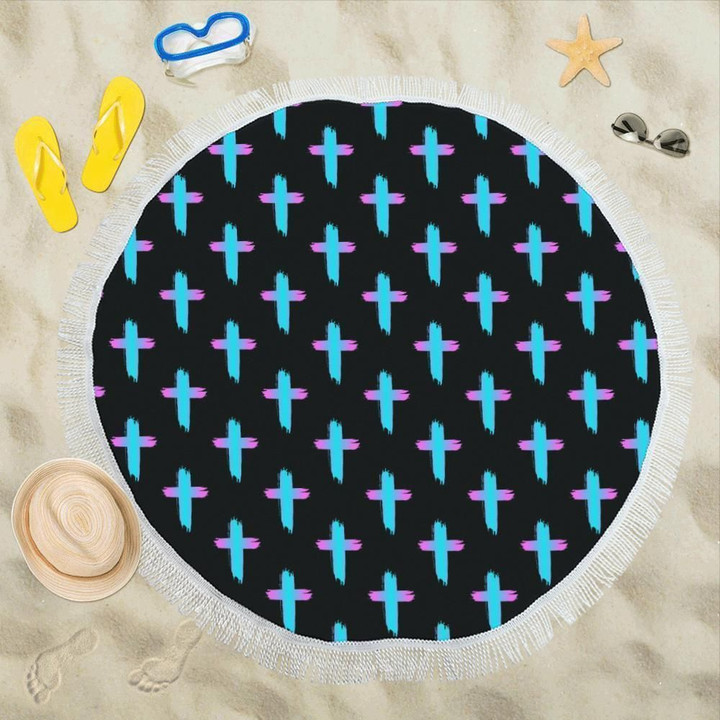 Christian Cross Neon Pattern Round Beach Towel