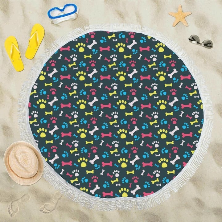Colorful Bone And Pawprints All Over Printed Round Beach Towel