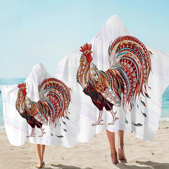Stylized Rooster White Vintage Printed Hooded Towel
