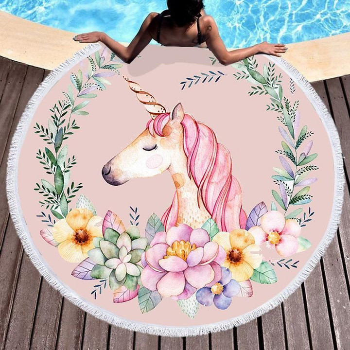 Pink Unicorn And Blossom Printed Round Beach Towel