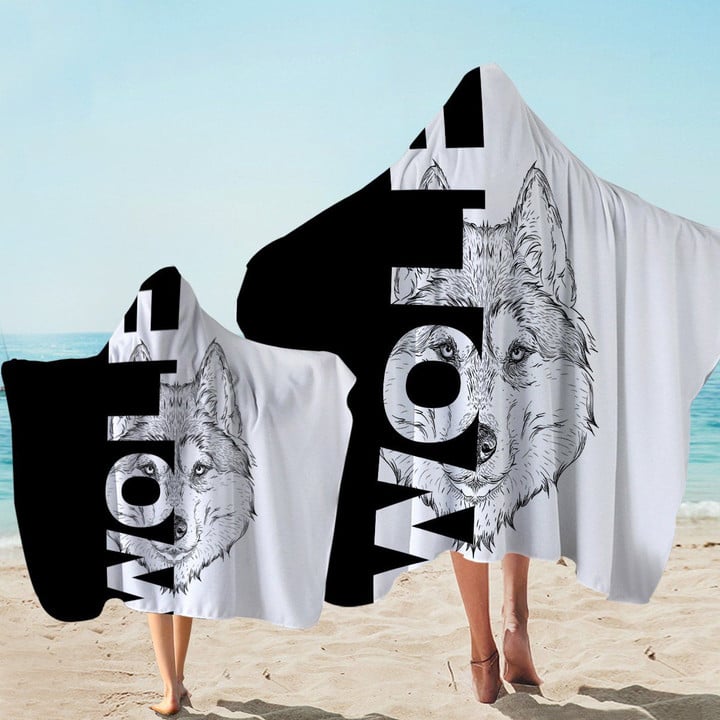 Black And White Wolf Printed Hooded Towel