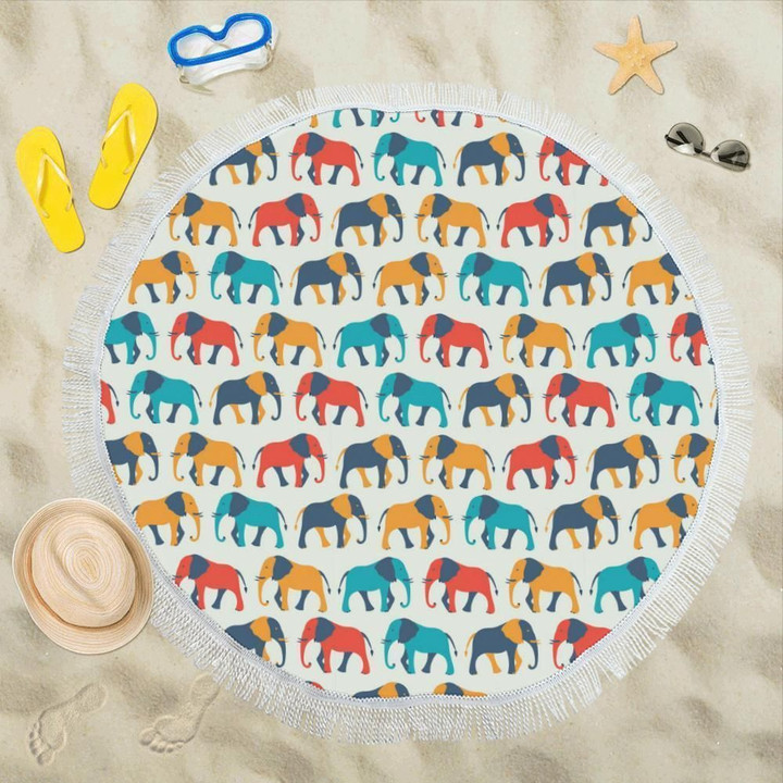Elephant Colorful Printed Pattern Round Beach Towel