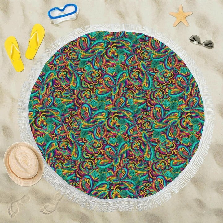 Psychedelic Trippy Floral Design Printed Round Beach Towel
