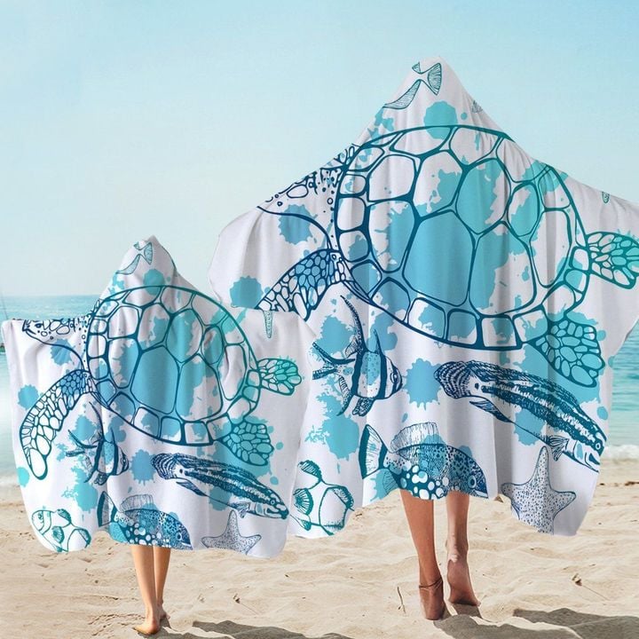 Blue Marine Life On White Printed Hooded Towel