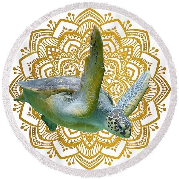 Golden Sea Turtle Mandala Printed Round Beach Towel