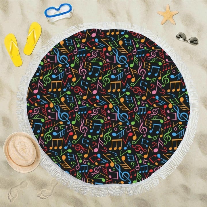 Music Note Colorful Themed Printed Round Beach Towel