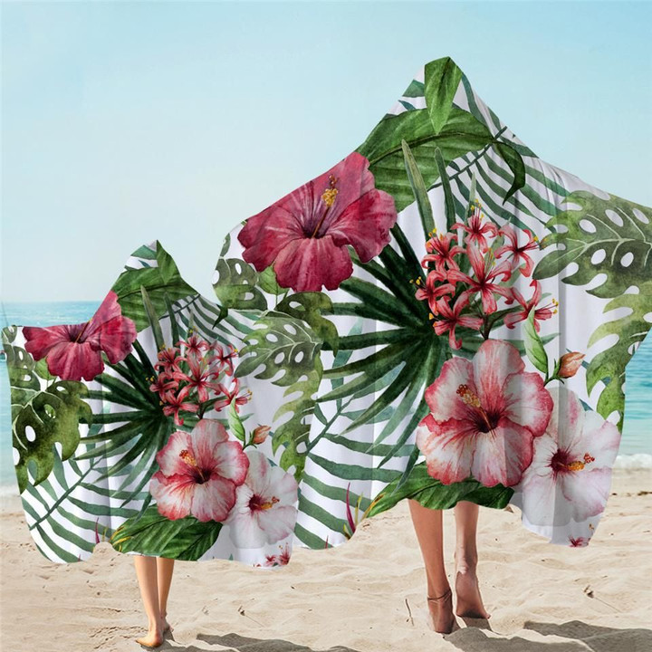 Tropical Hibiscus And Leaves Printed Hooded Towel
