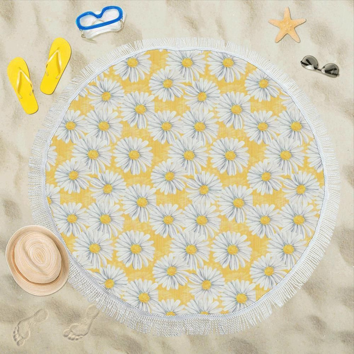 Daisy Yellow Watercolor Print Pattern Round Beach Towel