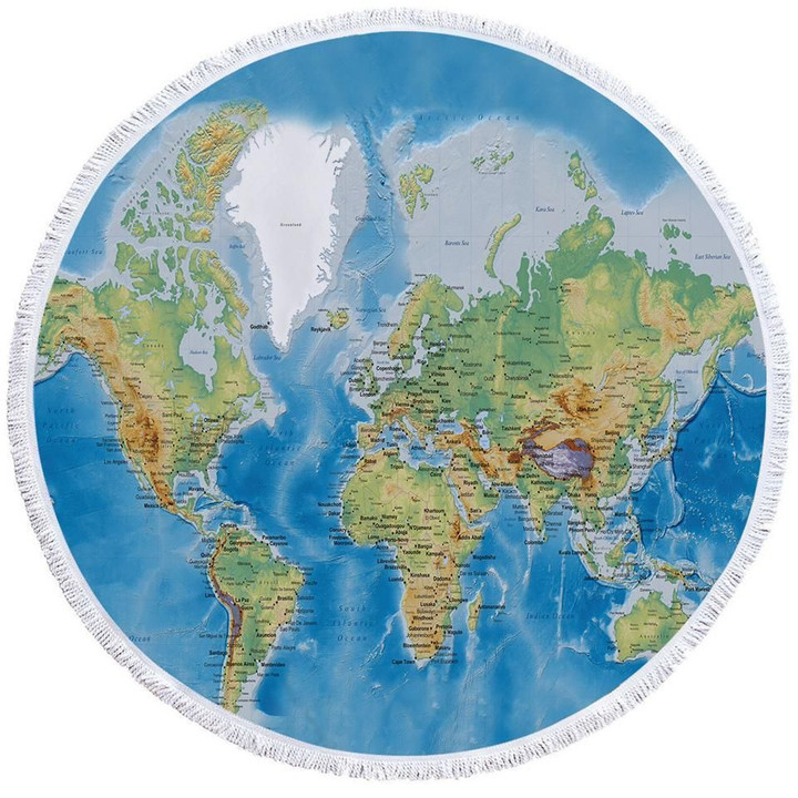 World's Map Go To Travel Printed Round Beach Towel
