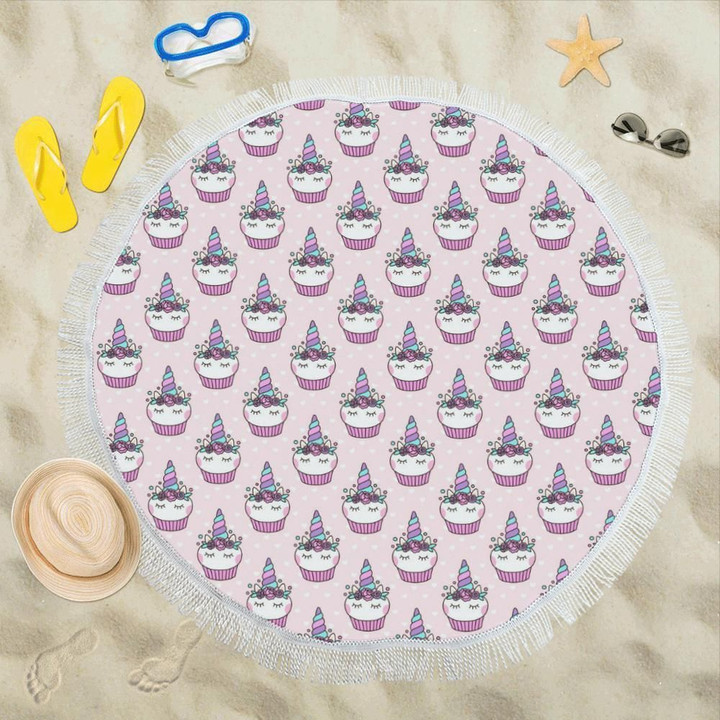 Cupcakes Unicorn On Pink Printed Round Beach Towel