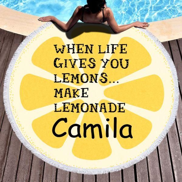 Sweet Orange When Life Gives You Lemons Make Lemonade Custom Name Printed Round Beach Towel