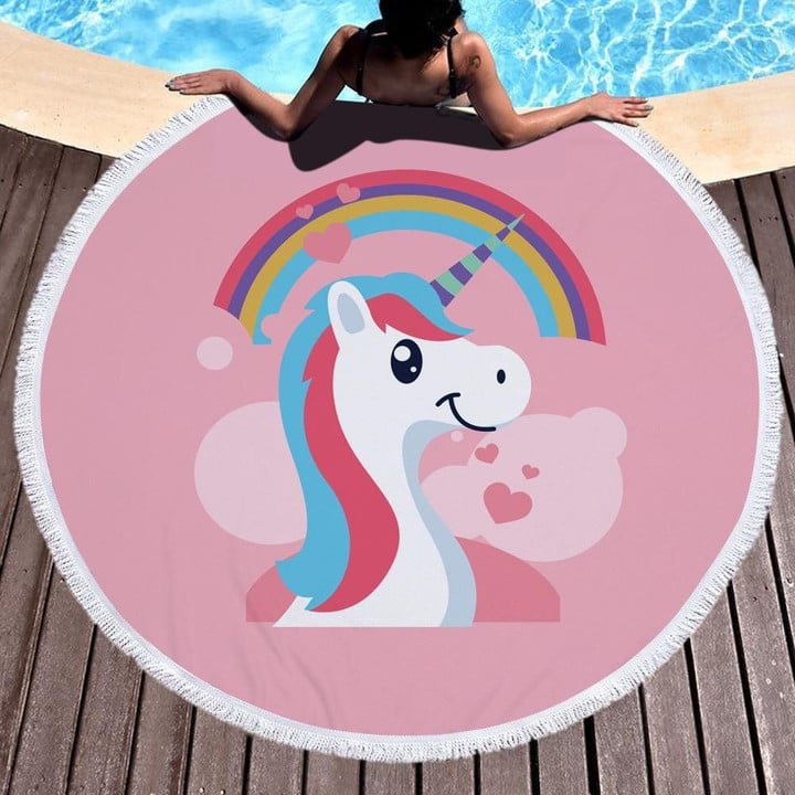 Pink Cute Unicorn With Flower Printed Round Beach Towel