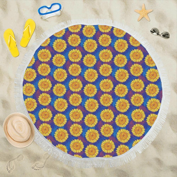 Sunflower Hand Drawn Style Print Round Beach Towel