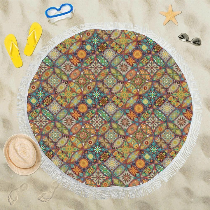 Mandala Flower Themed Design Printed Round Beach Towel