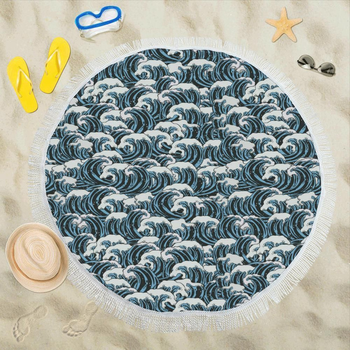 Illustration Surf Wave Pattern Printed Round Beach Towel