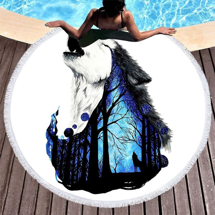 Missing You Howling Wolf Printed Round Beach Towel