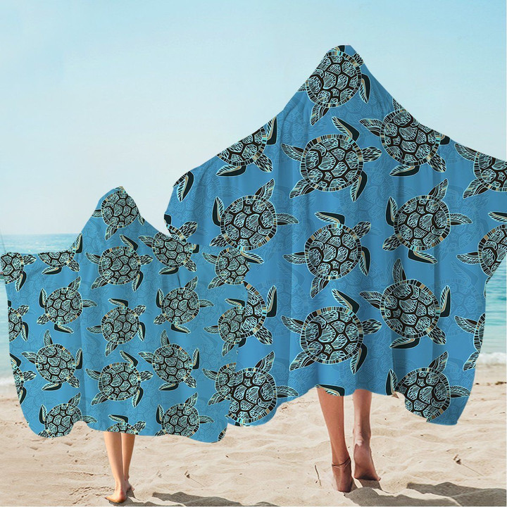 I Sea Turtles Blue Pattern Printed Hooded Towel