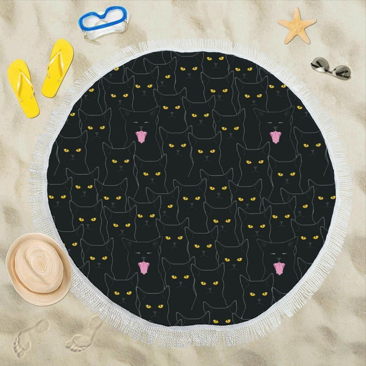 Black Cat Yellow Eyes Pattern Printed Round Beach Towel