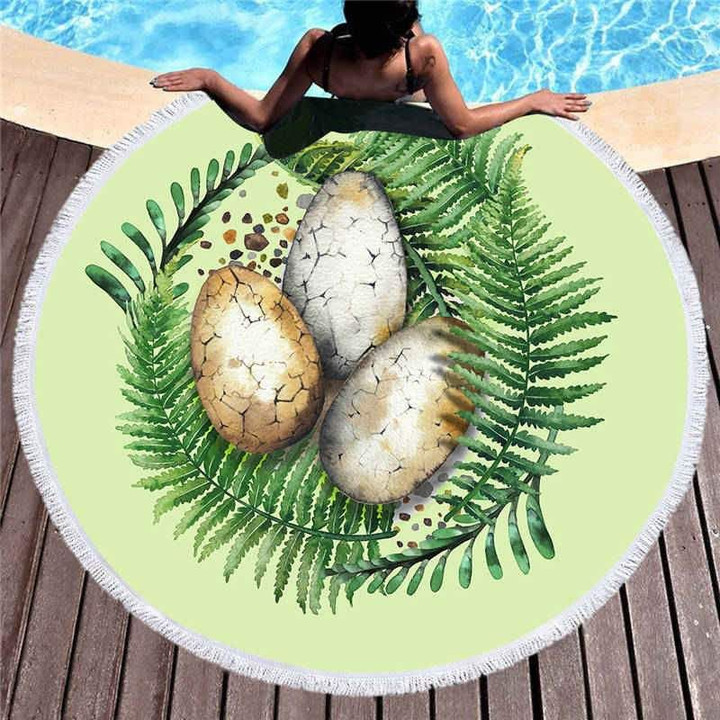 Dinosaur Eggs In Nest Printed Round Beach Towel