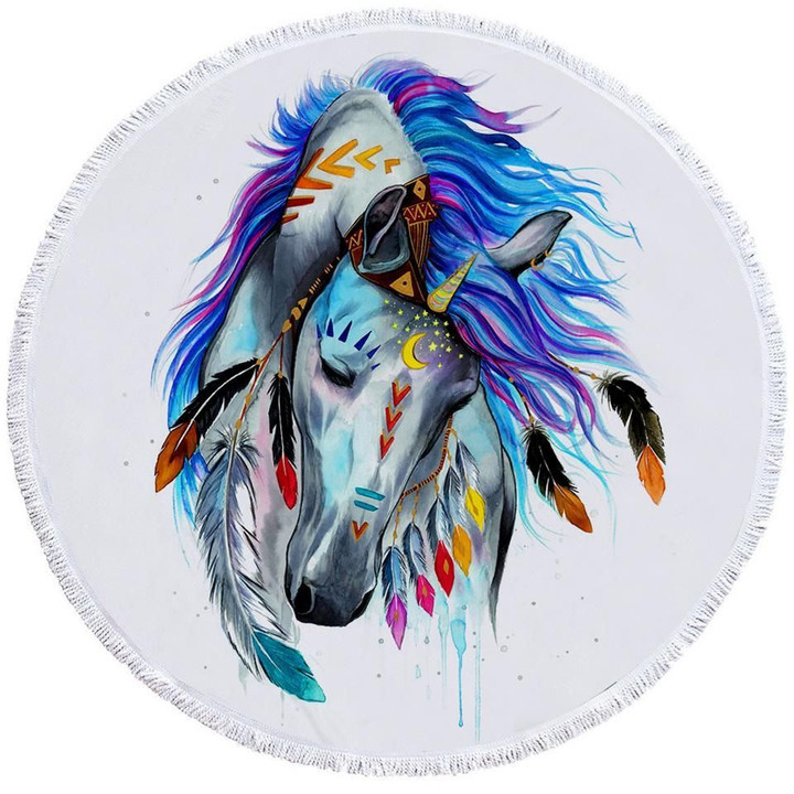 Pixie Horse Color Mane On White Printed Round Beach Towel