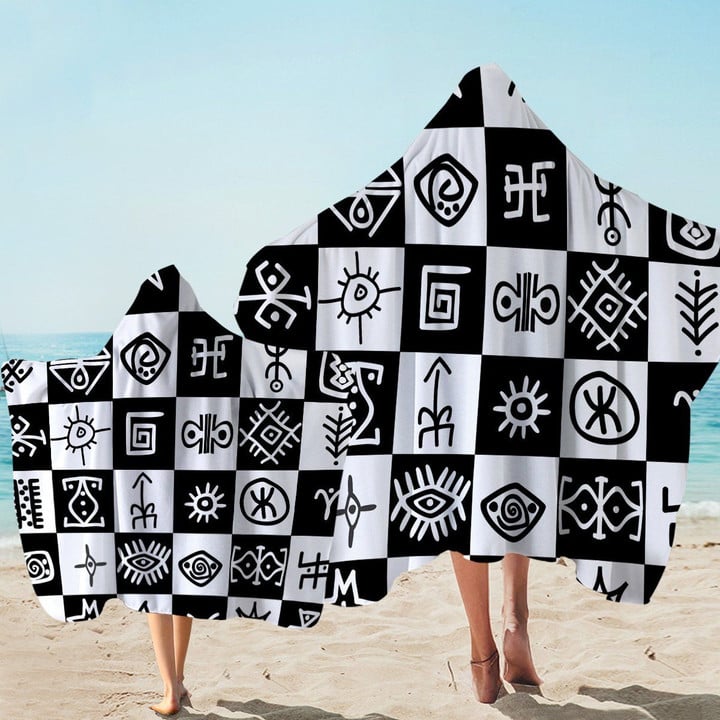 Ancient Signs Checked Black And White Printed Hooded Towel