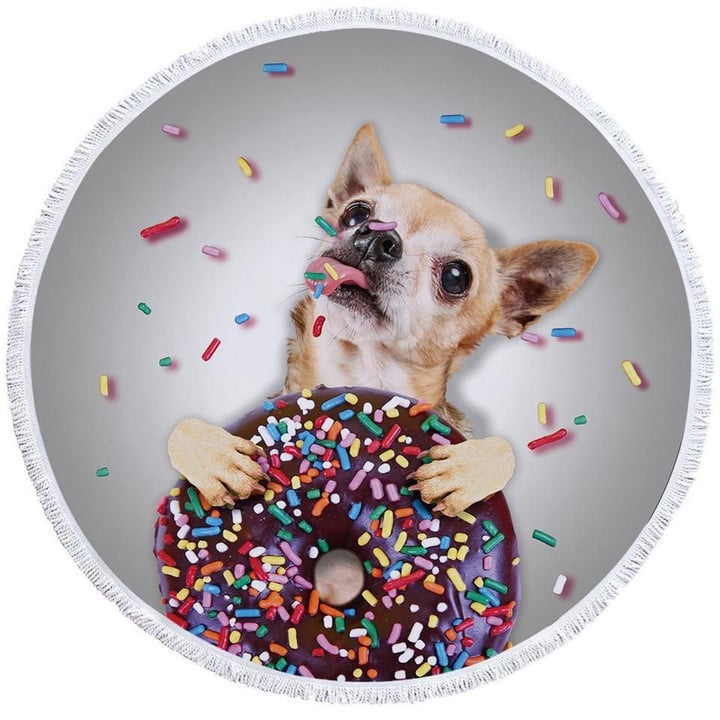 3d Chihuahua With Donut Printed Round Beach Towel
