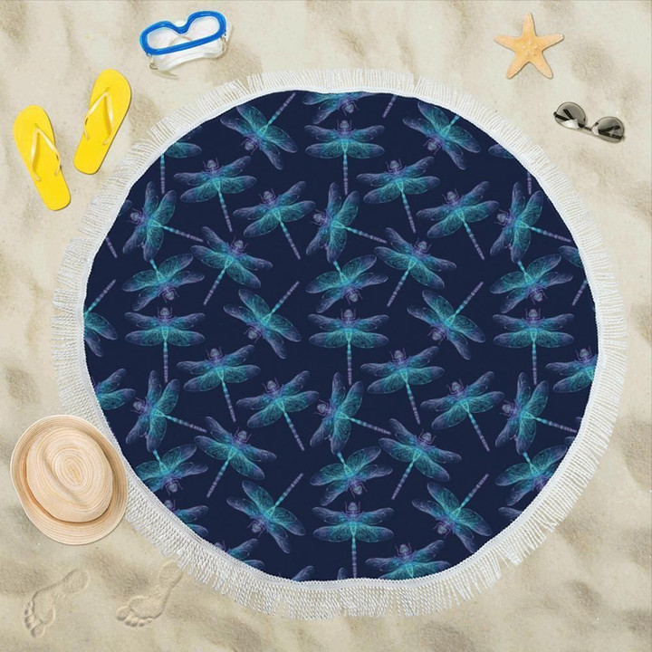 Blue Dragonfly Hand Drawn Style Print Round Beach Towel