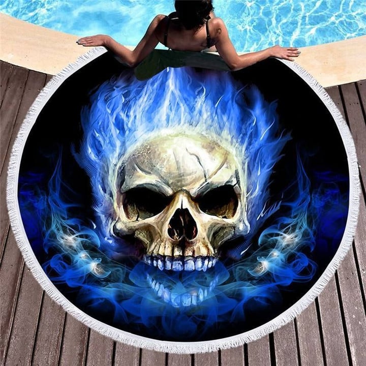 Burning Skull With Blue Flames Printed Round Beach Towel