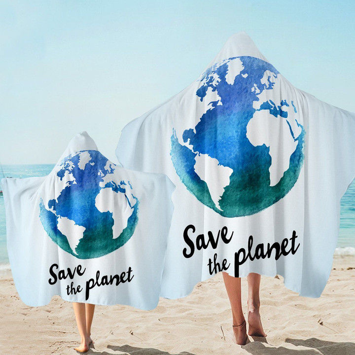 Save The Planet White Printed Hooded Towel