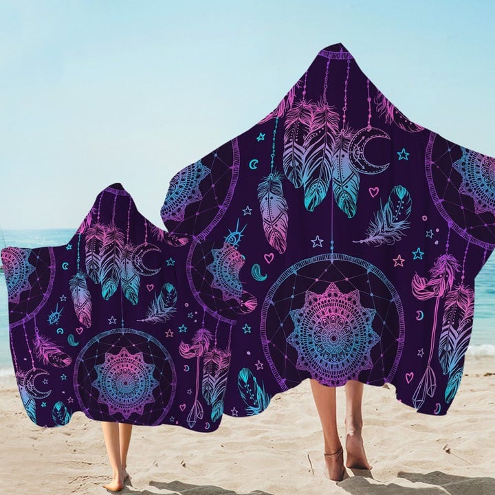 Purplish Dreamcatcher Pattern Printed Hooded Towel