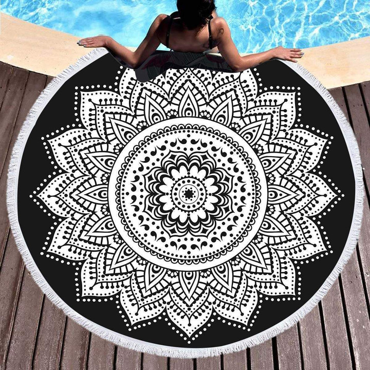 Black And White Lotus Printed Round Beach Towel