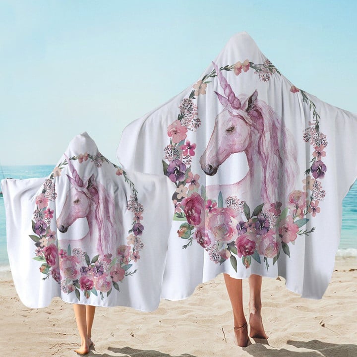 Pink Rosy Unicorn Wreath Printed Hooded Towel