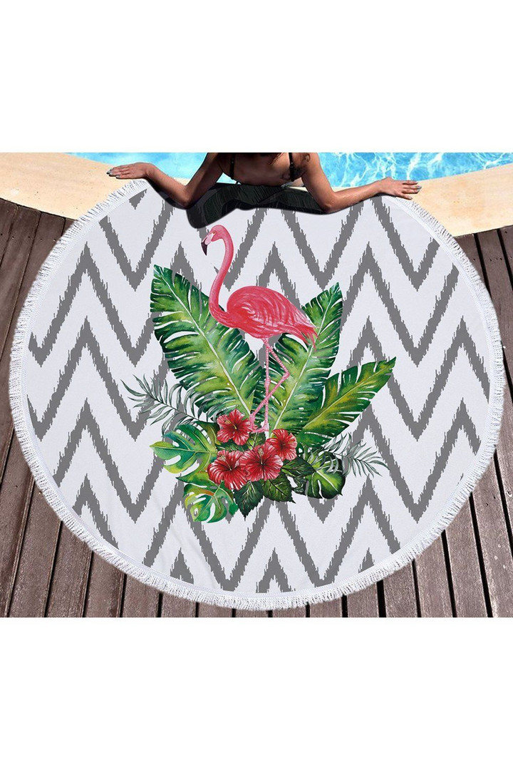 Hot Tropical Flamingo With Leaves Printed Round Beach Towel
