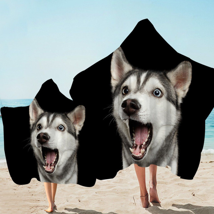 3d Yawning Husky In Black Printed Hooded Towel
