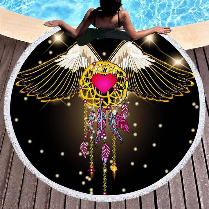 Angel Flying Dream Catcher With Heart Round Beach Towel