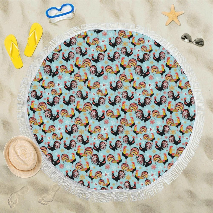 Rooster Themed Design Pattern Round Beach Towel