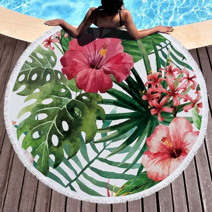 Hibiscus And Green Tropical Leaves Printed Round Beach Towel
