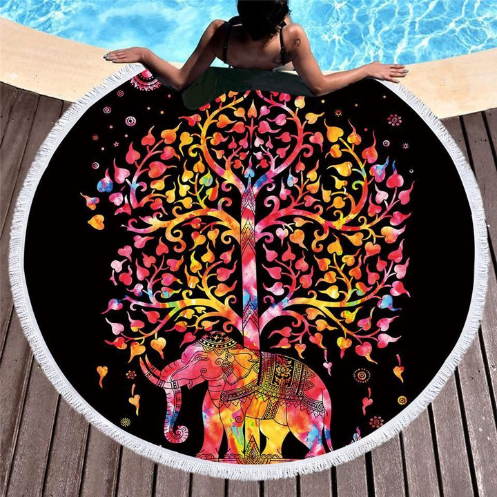 Colorful Elephant Tree On Black Printed Round Beach Towel